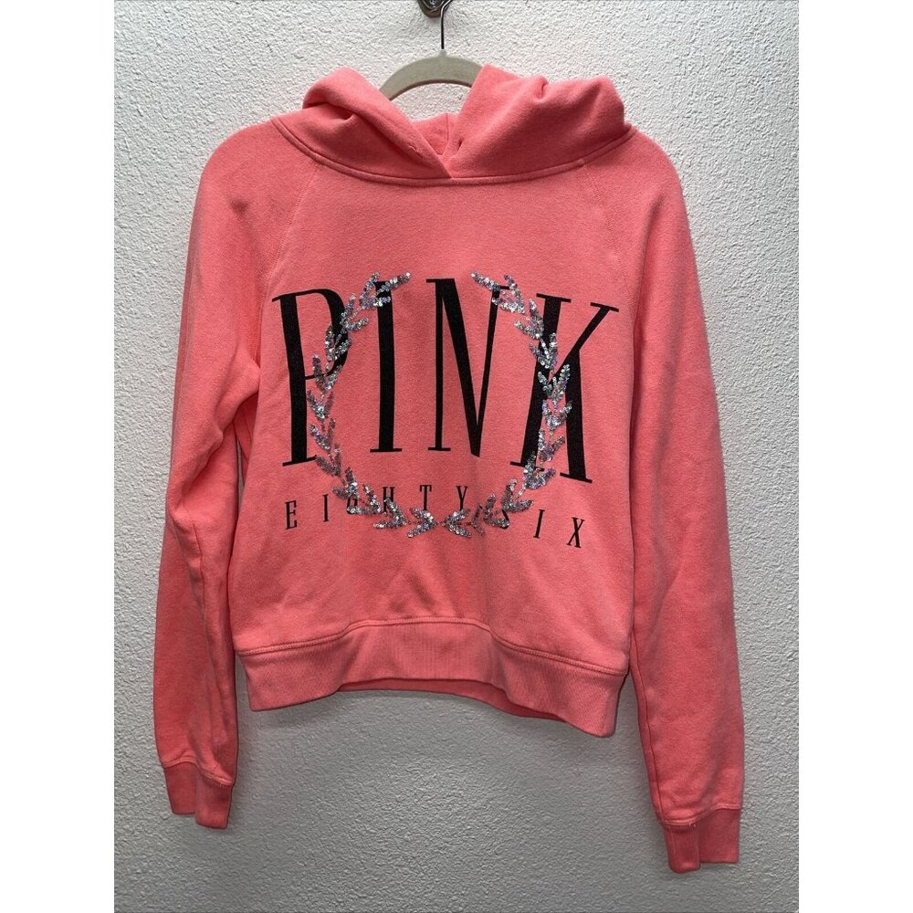 Victoria's Secret Womens M Pullover Sweatshirt Hoodie Graphic Sequins salmon